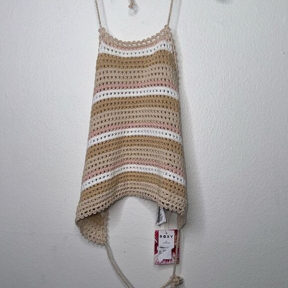 Roxy Daydreamer Crochet Knit Halter Top In Nude/Cream Stripes Size XS - Picture 6 of 9